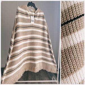 Zara Knit Fringed Striped Poncho New XS-S